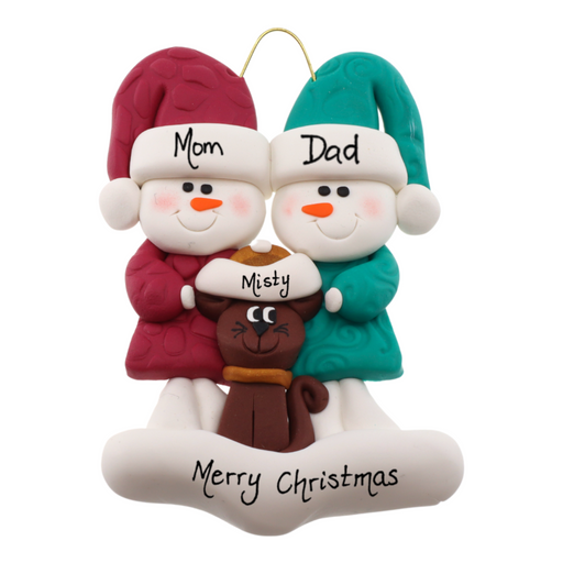 Ornament of snowman couple in red and green shirts and hats with a brown cat in Christmas hat, personalized with names.