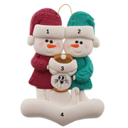 Ornament of snowman couple in red and green shirts and hats with a white cat in Christmas hat, numbered 1-4 for personalization.