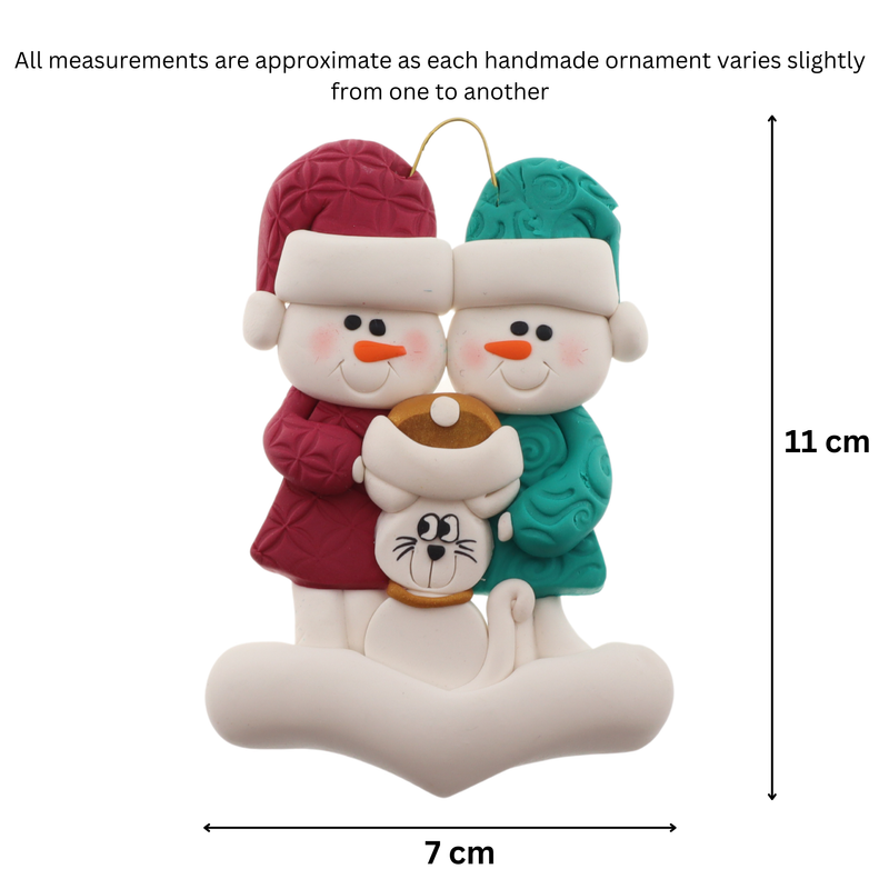 Snowman Couple with White Cat Christmas Ornament
