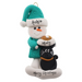 Ornament of snowman in a green shirt and hat with black cat in Christmas hat, personalized with names.