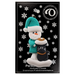 Ornament of snowman in a green shirt and hat with black cat in Christmas hat, on display backing card.