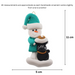 Ornament of snowman in a green shirt and hat with black cat in Christmas hat, graphed to show size (5x11cm).