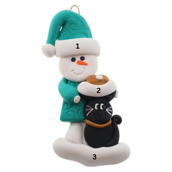 Ornament of snowman in a green shirt and hat with black cat in Christmas hat, numbered 1-3 for personalization.