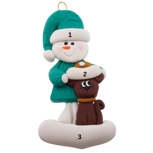 Ornament of snowman in a green shirt and hat with brown cat in Christmas hat, numbered 1-3 for personalization.