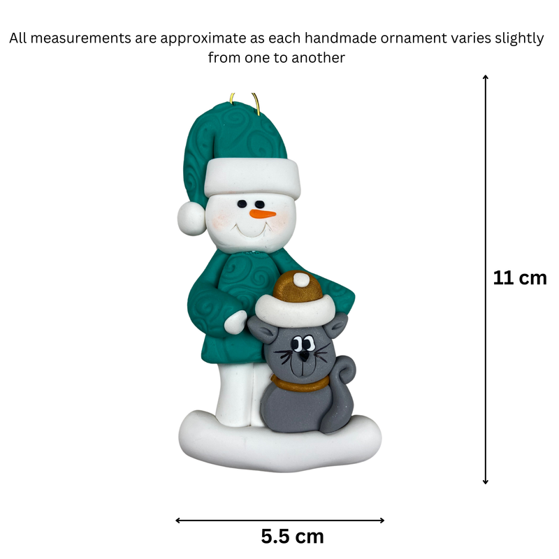 Snowman with Grey Cat Christmas Ornament