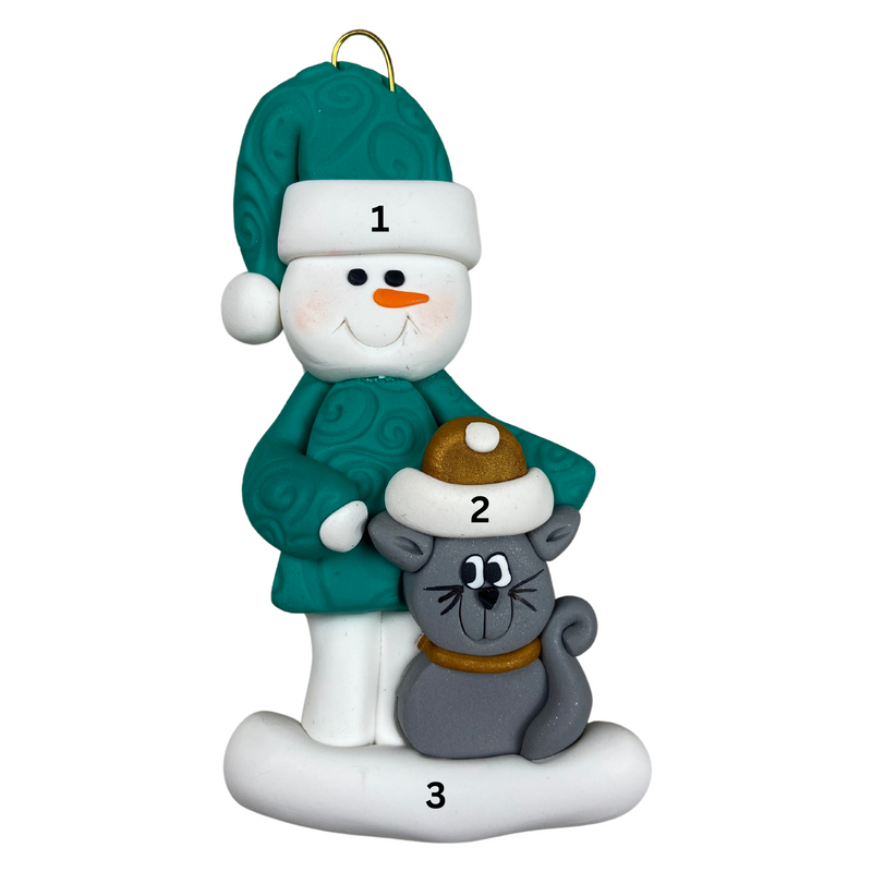 Ornament of snowman in a green shirt and hat with grey cat in Christmas hat, numbered 1-3 for personalization.