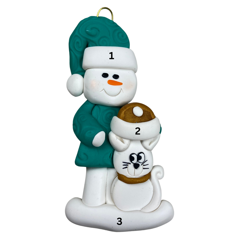 Ornament of snowman in a green shirt and hat with white cat in Christmas hat, numbered 1-3 for personalization.
