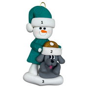 Ornament of snowman in green shirt and hat with grey dog in Christmas hat, numbered 1-3 for personalization.