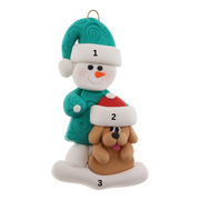 Ornament of snowman in green shirt and hat with tan dog in Christmas hat, numbered 1-3 for personalization.