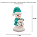 Ornament of snowman in green shirt and hat with white dog in Christmas hat, graphed to show size (5x11cm).