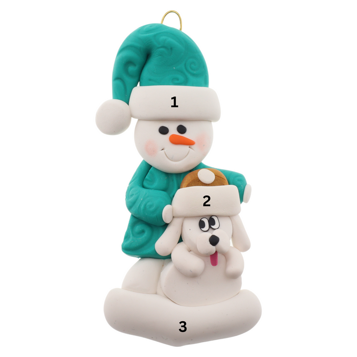 Ornament of snowman in green shirt and hat with white dog in Christmas hat, numbered 1-3 for personalization.
