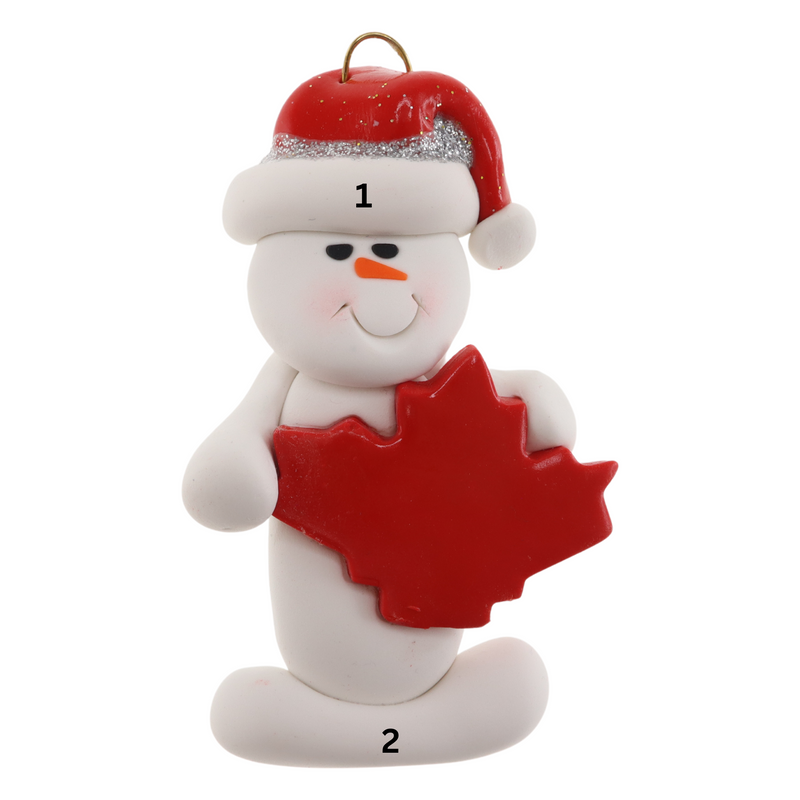 White snowman with red festive hat and maple leaf ornament, numbered 1-2 for personalization.