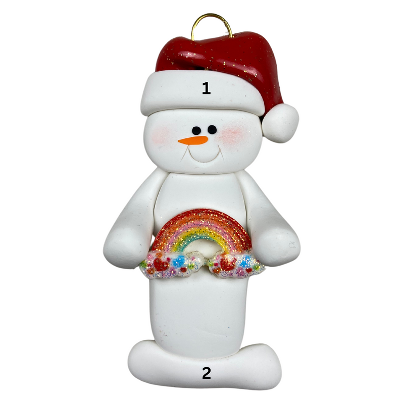 White snowman with small rainbow and red festive hat ornament, numbered 1-2 for personalization.