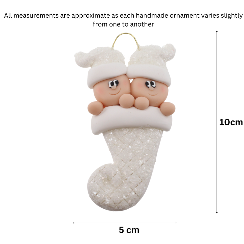 Baby Stocking Twins Christmas Ornament - White Glitter