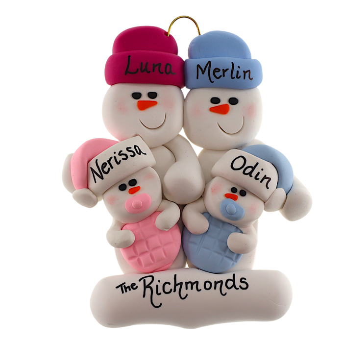 Twin Baby Snowman Family Ornament - Blue & Pink